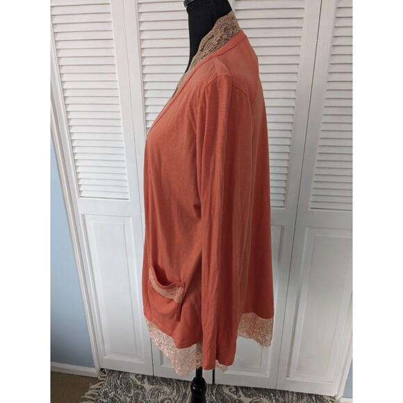 LOGO Lori Goldstein Cardigan Women sz M Coral/Orange CottonModal OpenFront Lace - Picture 6 of 12